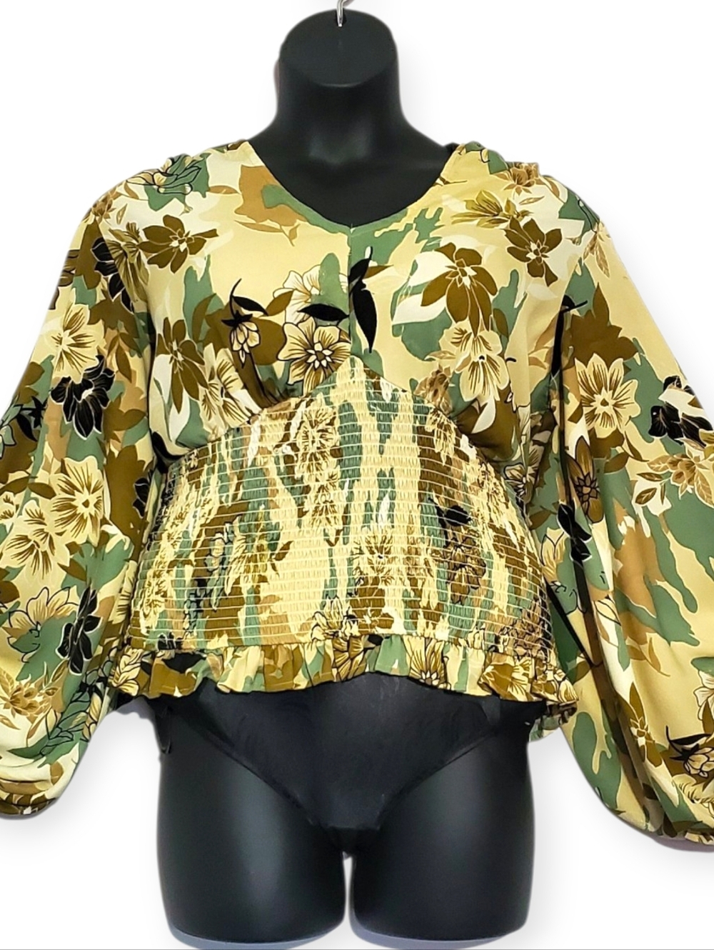 Ashley Stewart Olive Green Floral Smocked Waist V-Neck Blouse